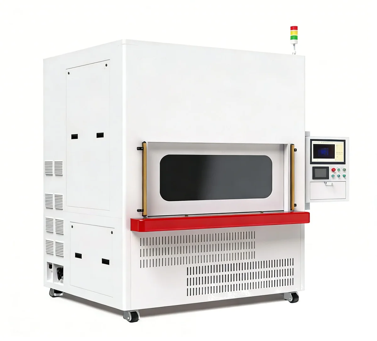 Complete automotive interior visual inspection equipment: white cabinet-style structure with dual-station viewing windows at the front and an industrial touch screen plus a three-color alarm light on the right