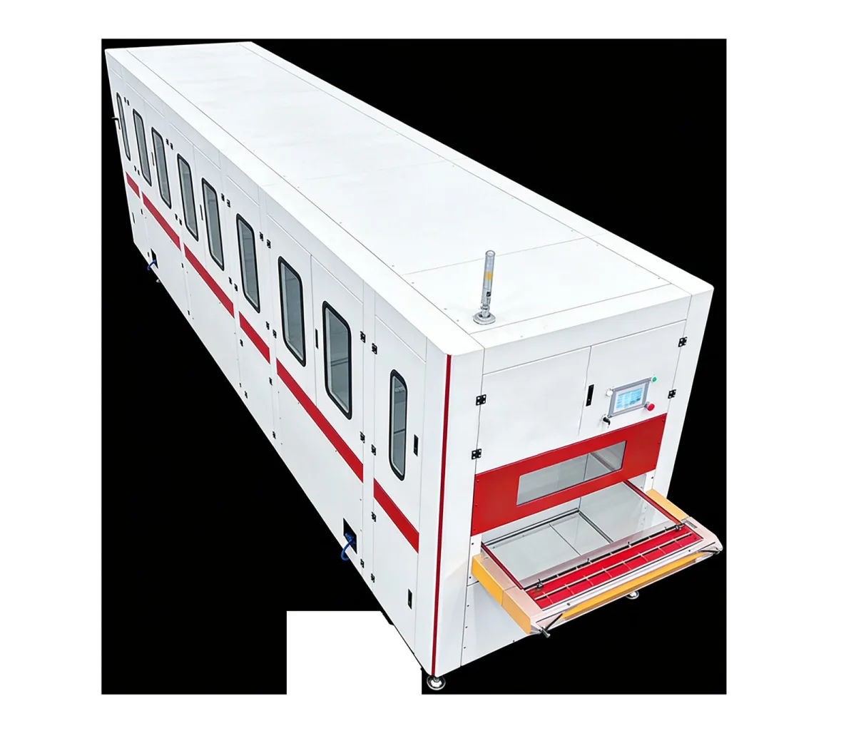 Automotive interior part visual inspection line: white frame equipment with inspection stations on the front and a conveyor tray entry/exit structure