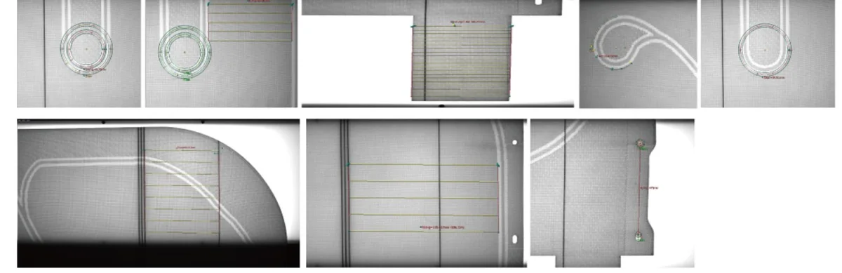 Result image of automotive interior part visual inspection: dimension and hole position measurement annotation lines overlaid on several grayscale images