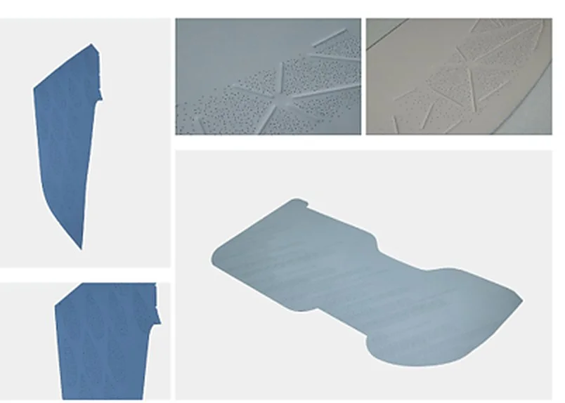 Automotive interior part inspection product illustration: a collage of inspection sample images of blue molded parts, perforated and mesh-pattern interior fabrics