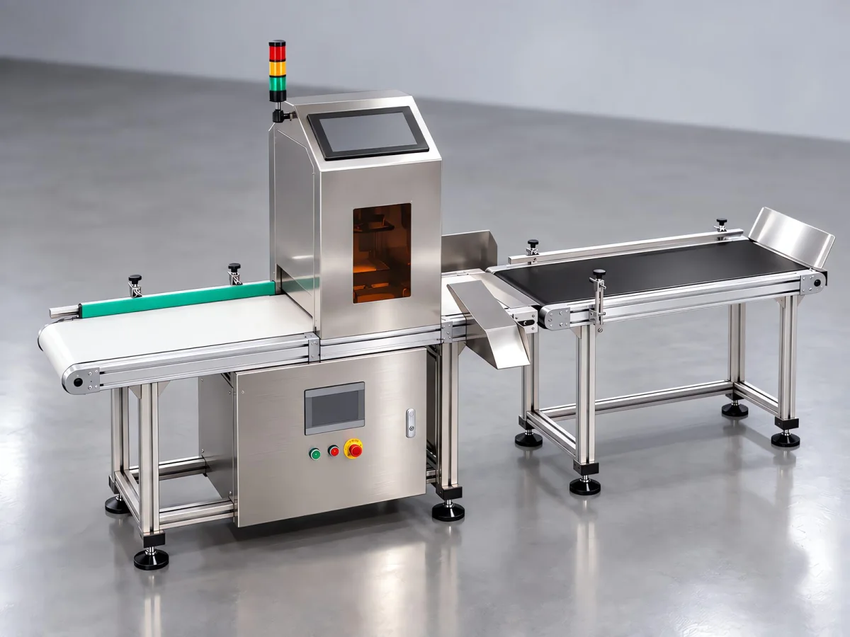 Side view of the food visual inspection equipment, showing the inspection cabinet, infeed section and outfeed conveyor section