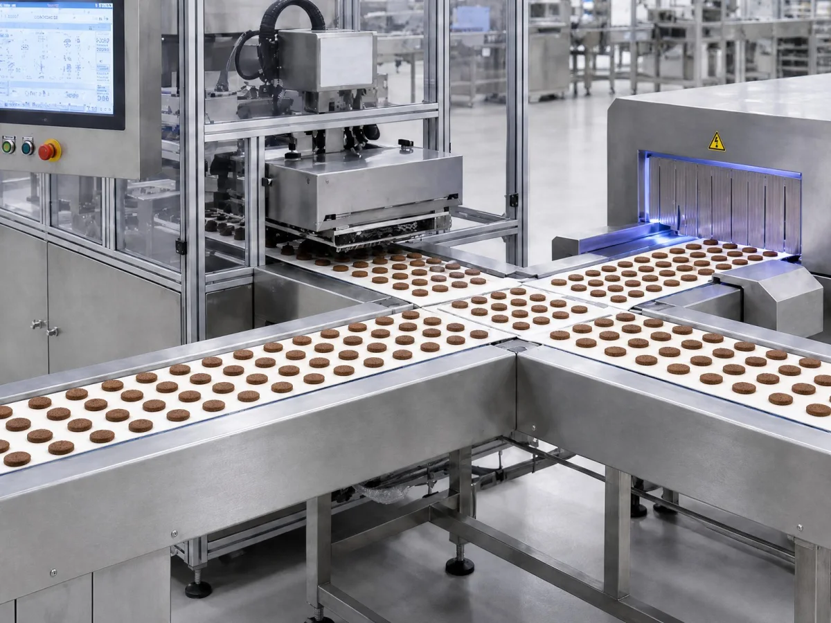 Biscuits pass the visual inspection station in multiple lanes on the conveyor, with the inspection mechanism and light source above