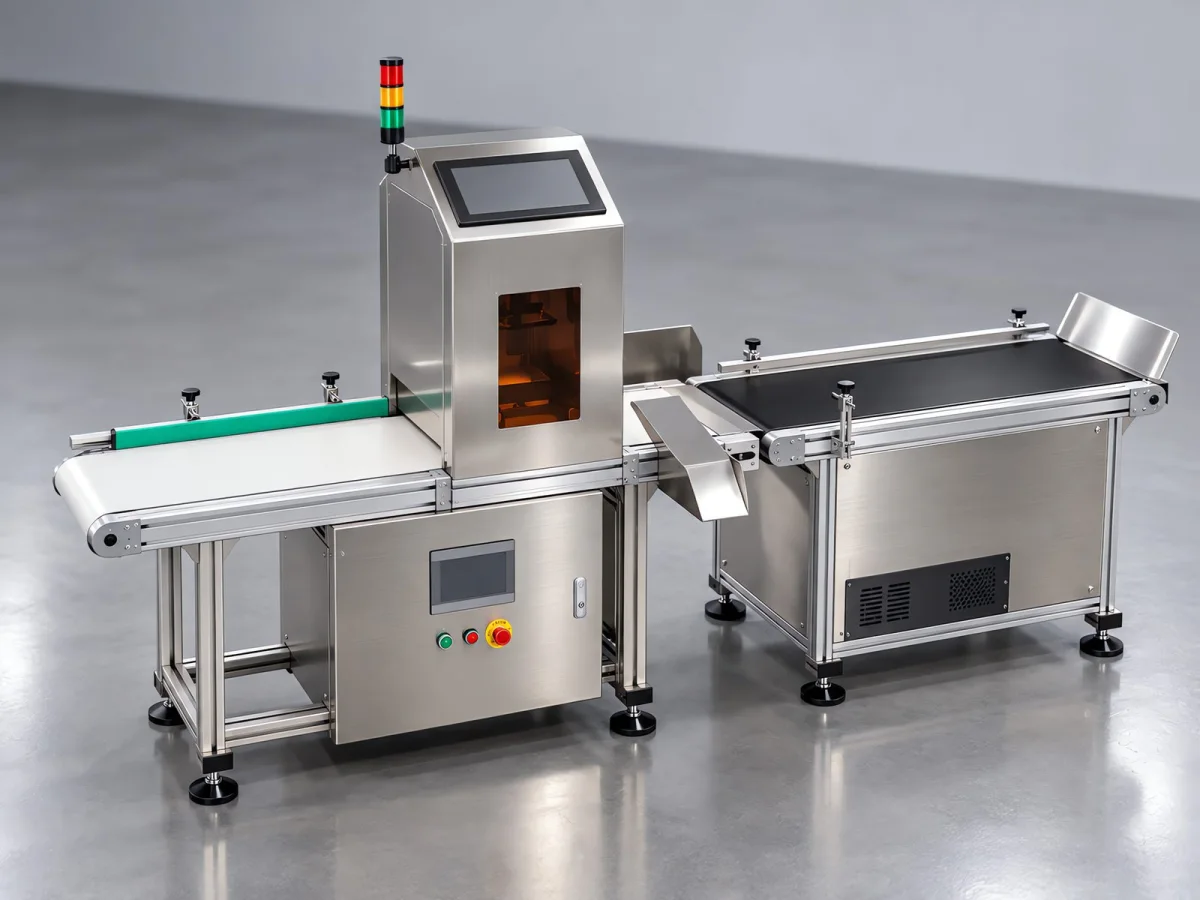 View of the outfeed end of the food visual inspection equipment, showing the rejection diverter structure and the outfeed conveyor section