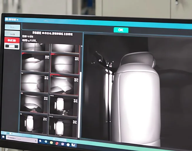 Automotive seat inspection system software interface: a thumbnail list of images acquired from multiple angles on the left, and an enlarged view of the current inspection image on the right
